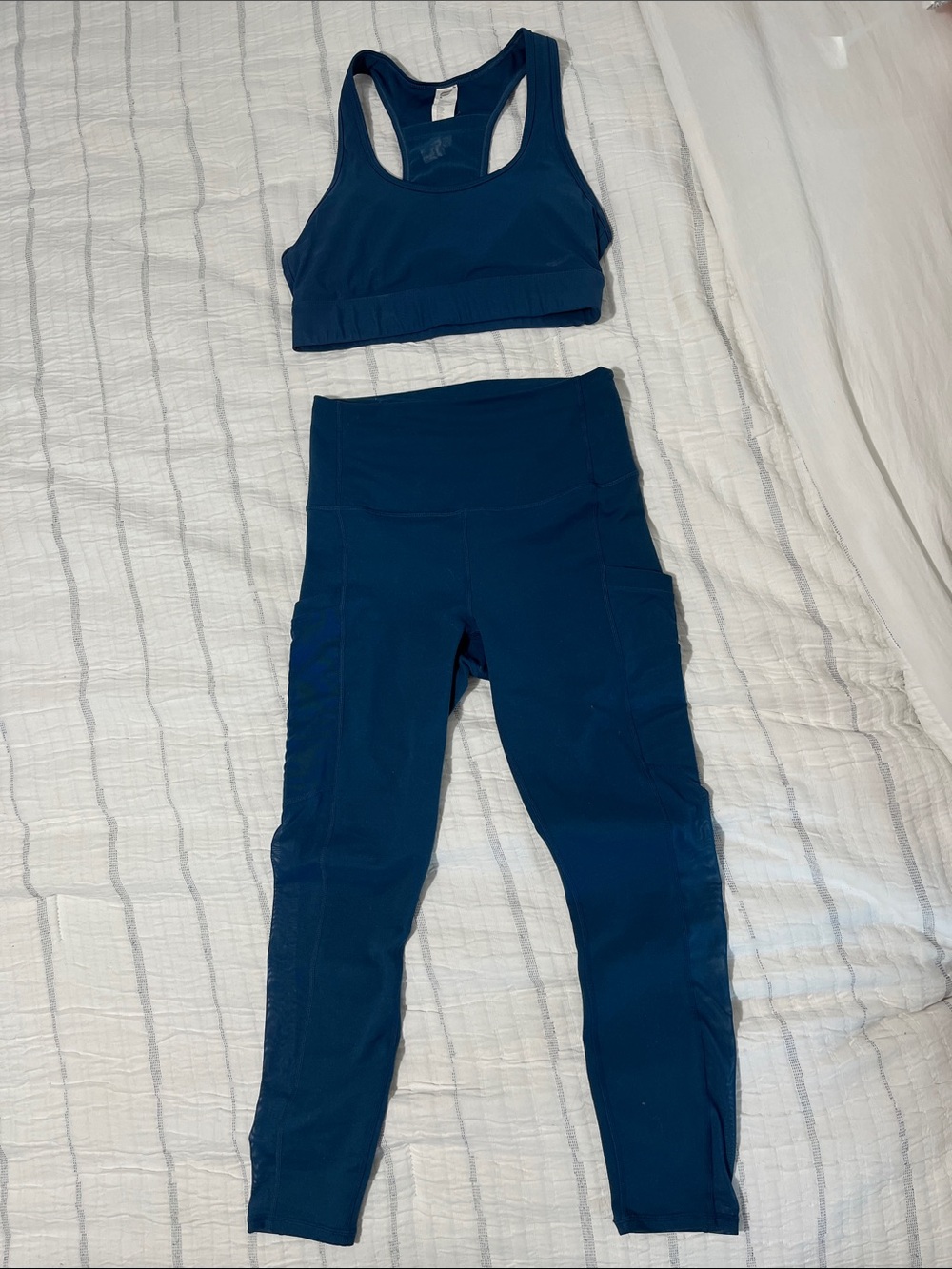 Fabletics dark teal blue Racerback Sports Bra and High-Waist Leggings Set
